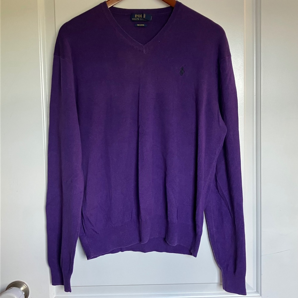 Polo Ralph Lauren Mens Purple Pima Cotton V-Neck Pony Logo Sweater Size L